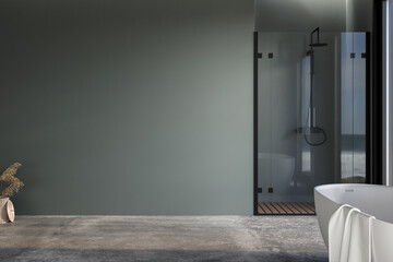 Blank dark green wall for mock up of bathroom cabinet, in modern bathroom, bathtub, concrete floor, shower. 3d rendering