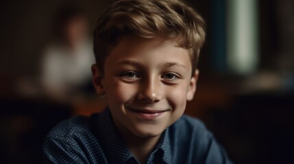 Portrait of a schoolboy. Happy smiling schoolboy sit at classroom. Kid studding  at the school. Back to school. Created with Generative AI technology.