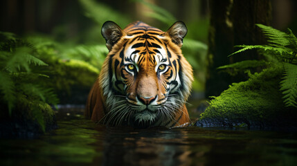 Fototapeta na wymiar Tiger Cooling off in a Pond