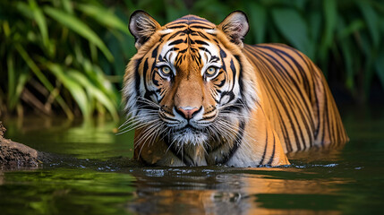 Fototapeta na wymiar Tiger Cooling off in a Pond