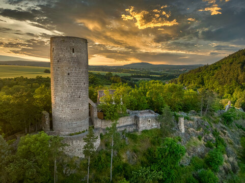 Aerial view of Tocnik and Zebrak castles during sunset