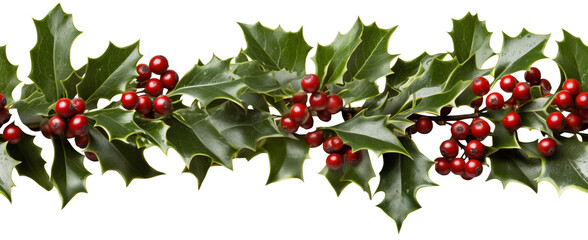 Fototapeta premium Seamless Tile Holiday Holly and Berries Garland - Seamlessly build to your desired length - Transparent PNG, Generative AI.