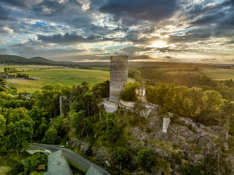 Aerial view of Tocnik and Zebrak castles during sunset