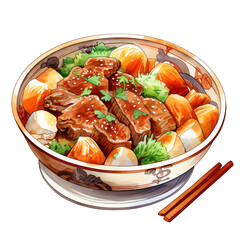 Savory Delights: Japanese Beef Stew Watercolor Clipart on a Serene White Background