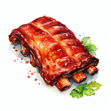 Watercolor Clipart Of Juicy BBQ Ribs On White Background