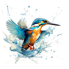 Graceful Kingfisher: Majestic Watercolor Bird on Tree Branch, White Background
