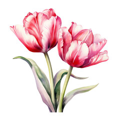 Fototapeta premium Colorful fresh red tulip with green leaves - spring botanical art. Hand drawn watercolor painting illustration. Background- watercolor paper.