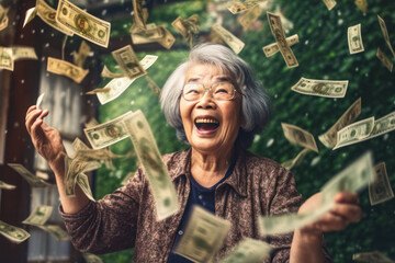 Winning a lottery concept. Smiling older Asian woman with gray hair, happy expression, mouth open of excitement - money banknotes flying in air around. Generative AI