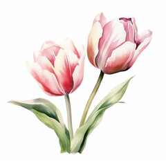 Fototapeta premium Colorful fresh red tulip with green leaves - spring botanical art. Hand drawn watercolor painting illustration. Background- watercolor paper.