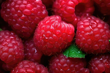A close-up shot captures the vibrant and detailed texture of raspberries, filling the frame. Generative Ai, Ai.