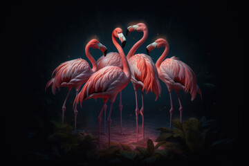 Against a dark background, a captivating image showcases pink flamingos, their elegant forms standing out in a vertical composition. Generative Ai, Ai.