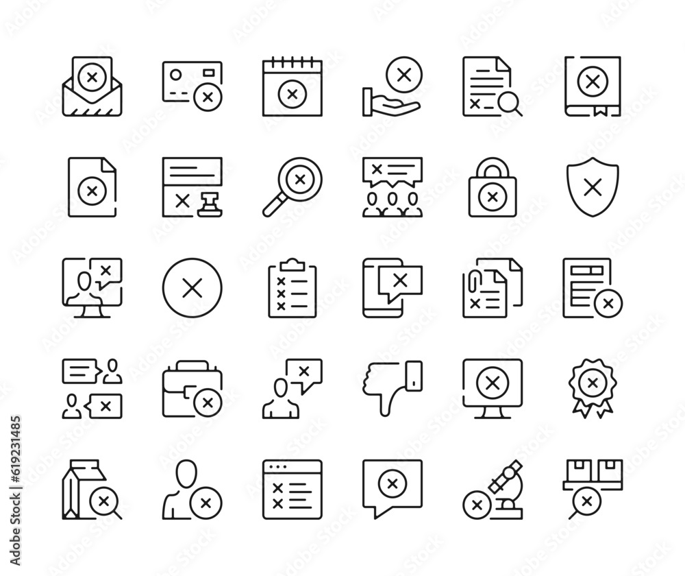 Poster rejection icons. vector line icons set. x marks, cross marks concepts. black outline stroke symbols