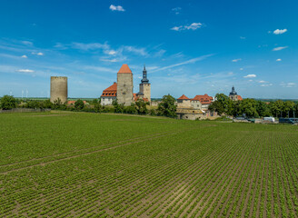 Aerial view of Querfurt castle with renaissance gun platform bastions, moat, circular and...