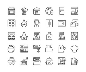 Fototapeta na wymiar Kitchen appliances icons. Vector line icons set. Cooking appliances concepts. Black outline stroke symbols