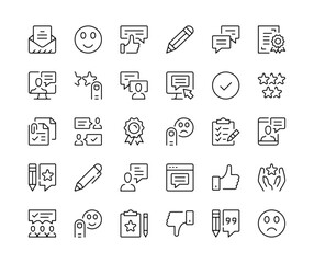 Testimonials icons. Vector line icons set. Survey, comments, rating, user reviews, customer feedback concepts. Black outline stroke symbols