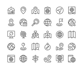 Navigation icons. Vector line icons set. Route, GPS navigator, positioning, travel destination, location concepts. Black outline stroke symbols