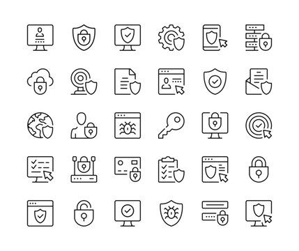 Internet security icons. Vector line icons set. Data protection, cybersecurity, secure technology, computer privacy concepts. Black outline stroke symbols