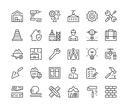 Construction icons. Vector line icons set. Building, industry, work tools, civil engineering concepts. Black outline stroke symbols
