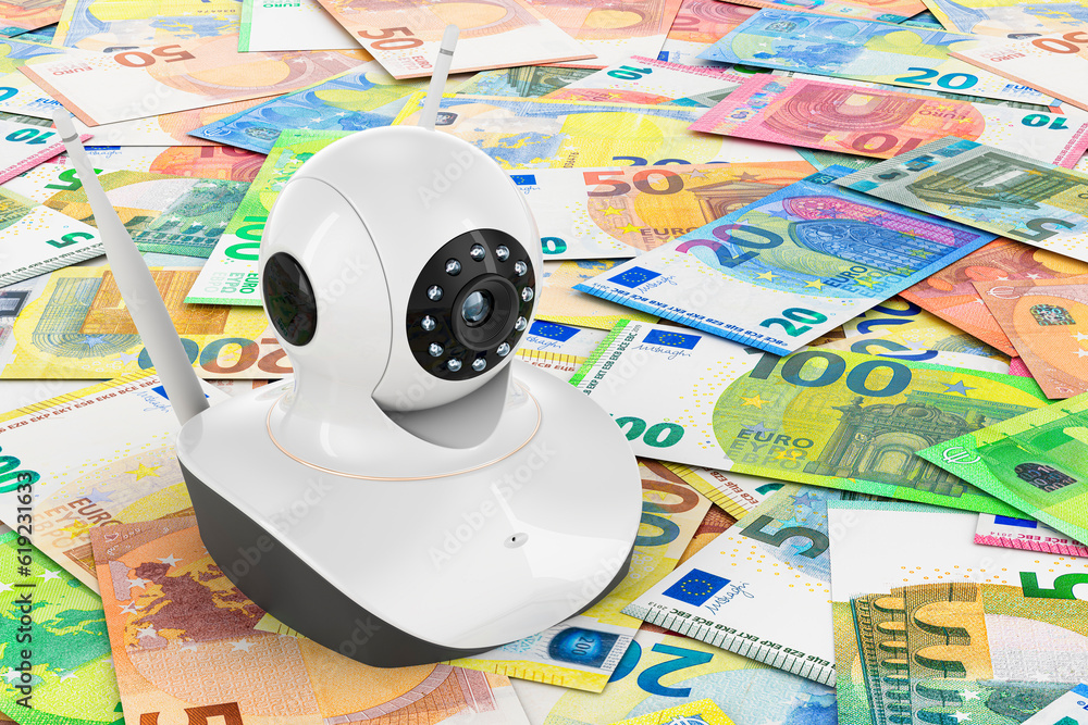 Poster internet protocol camera on the euro background, 3d rendering