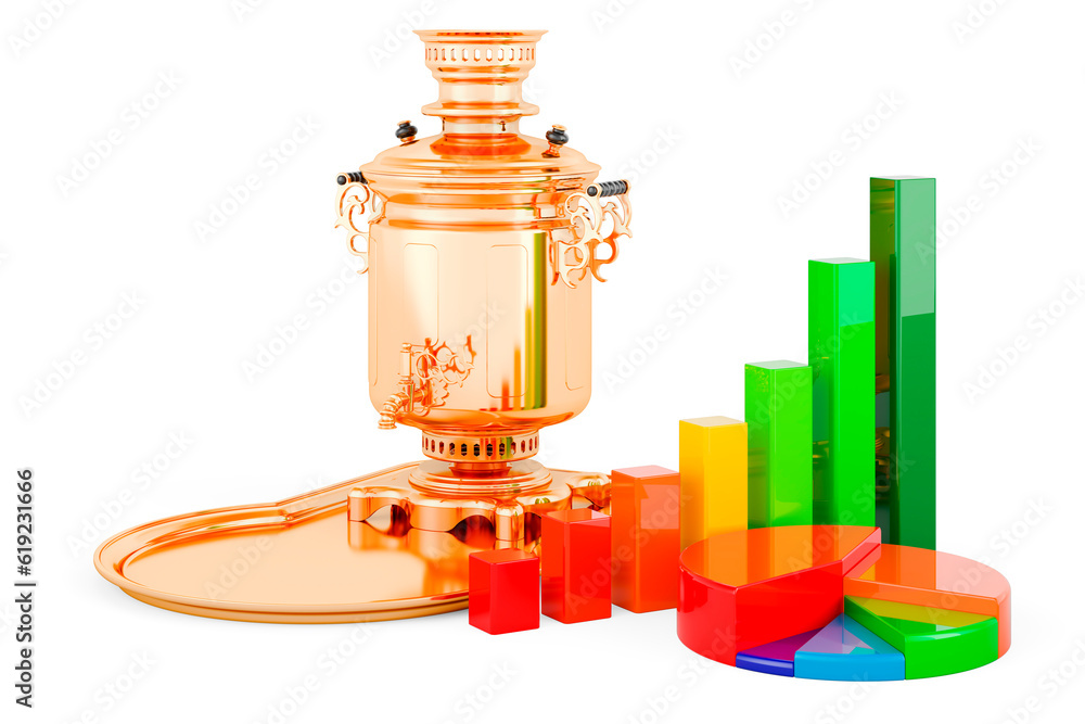 Poster brass samovar with growth bar graph and pie chart. 3d rendering