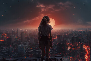 Fototapeta na wymiar A breathtaking view of a girl standing on a hill, gazing at an abstract city and the mesmerizing sunset. Generative AI, AI.