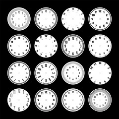 Fototapeta premium Mechanical clock faces, watch dial with numerals, bezel. Timer or stopwatch element with minute, hour marks and numbers. Blank measuring circle scale with divisions. Vector illustration