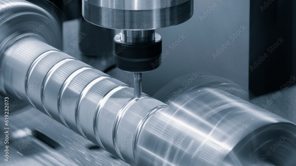 Poster The Hi-precision CNC rotation milling machine with cutting sample in blue-silver tone.The micro cutting technique in precision part.
