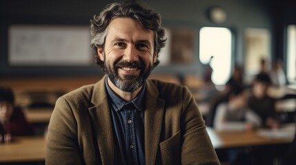 Obraz premium Portrait of a teacher. Happy smiling teacher. Teacher at school or university. Back to school. Created with Generative AI technology.