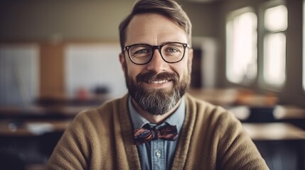 Portrait of a teacher. Happy smiling teacher. Teacher at school or university. Back to school. Created with Generative AI technology.