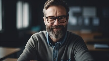 Obraz premium Portrait of a teacher. Happy smiling teacher. Teacher at school or university. Back to school. Created with Generative AI technology.