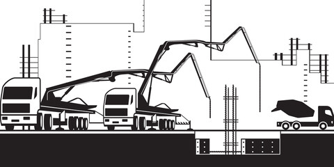 Concrete pump trucks  on construction site - vector illustration