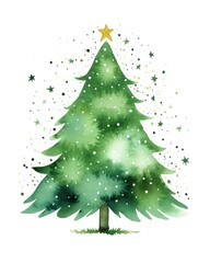 Green watercolor Christmas tree. Illustration AI Generative.