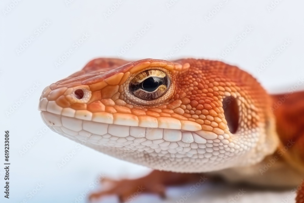 Poster close-up view of a lizard on a plain white background. generative ai