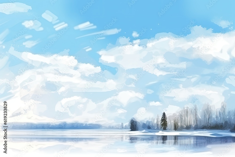 Poster serene lake surrounded by trees and clouds in the sky. generative ai
