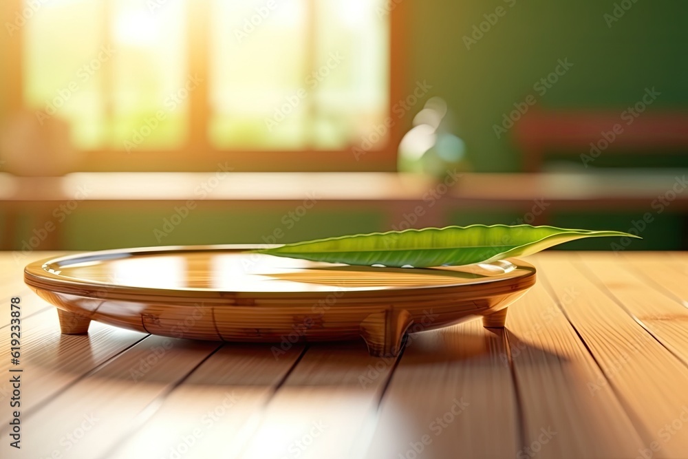 Poster decorative plate with a leaf motif on a rustic wooden table. generative ai