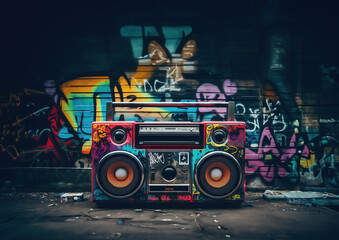 Retro old design ghetto blaster boombox radio cassette tape recorder from 1980s in a grungy graffiti covered room.
