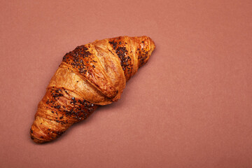 Close up croissant with chocolate chips, french bun isolated on the bright solid fond plain red-brown background