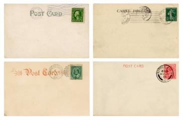 blank backs / backsides of run vintage / antique postcards from the US, France, Canada and England with stamps and postmarks, stamped in New York, Paris, Notting Hill, postage / mail design elements