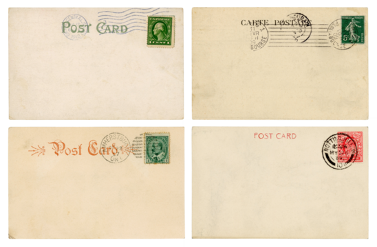 blank backs / backsides of run vintage / antique postcards from the US, France, Canada and England with stamps and postmarks, stamped in New York, Paris, Notting Hill, postage / mail design elements