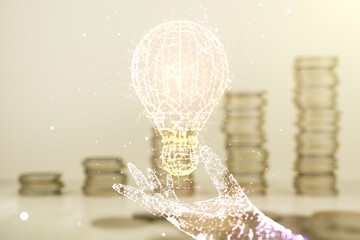 Virtual Idea concept with light bulb illustration on stacks of coins background. Multiexposure