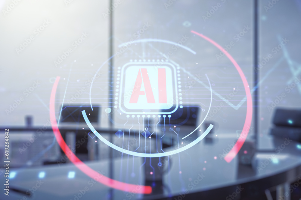 Aufkleber Double exposure of creative artificial Intelligence abbreviation hologram on a modern boardroom background. Future technology and AI concept