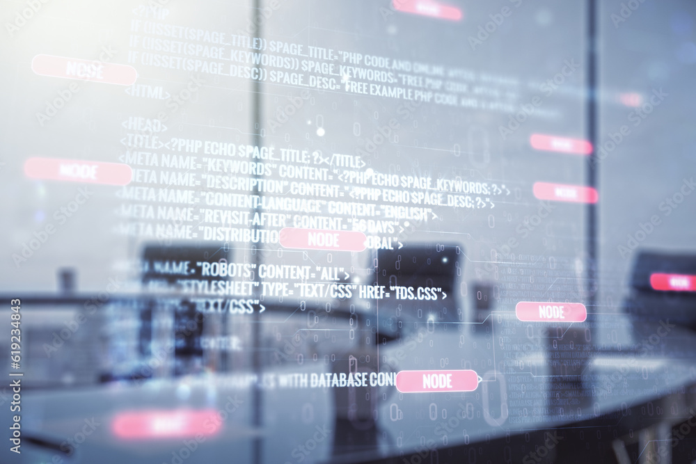 Aufkleber abstract virtual coding illustration on a modern coworking room background, software development con