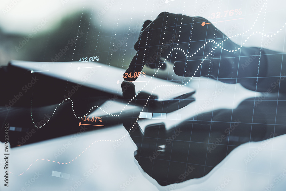 Poster double exposure of abstract creative statistics data hologram with finger clicks on a digital tablet