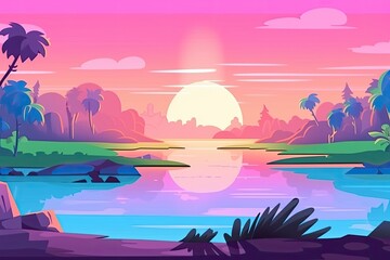 serene sunset with palm trees and a calm body of water. Generative AI