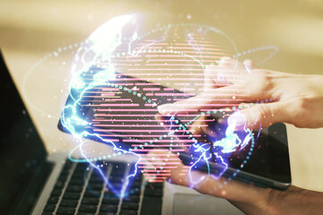 Double exposure of abstract digital world map with connections and hand working with a digital tablet on background, big data and blockchain concept