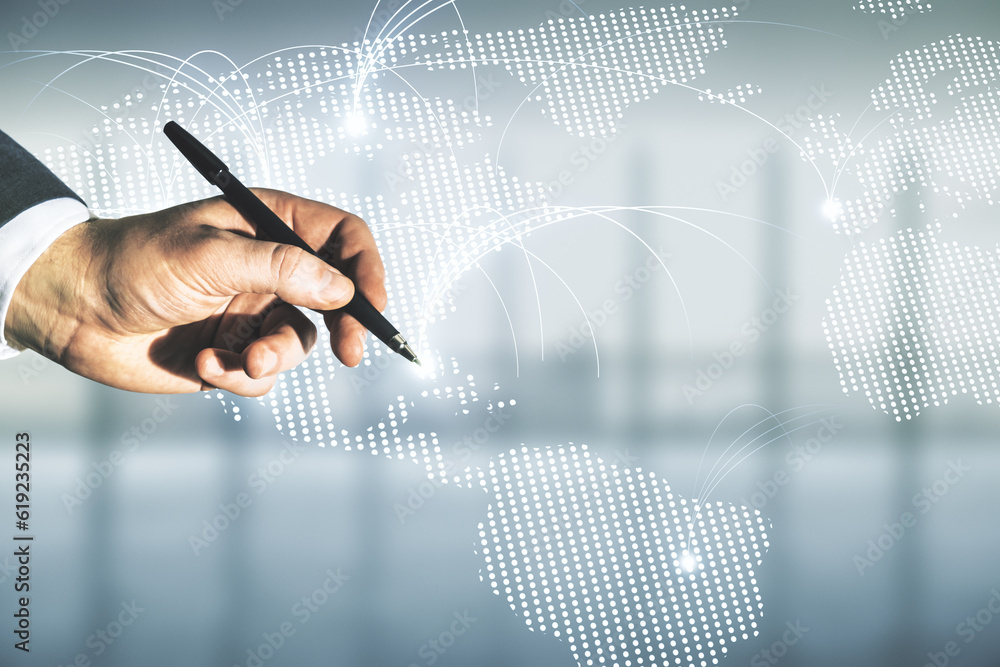 Poster double exposure of man hand with pen working with abstract digital world map hologram with connectio