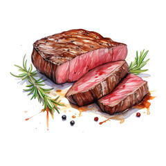 Sizzling Steak Delight: Juicy Culinary Art in Watercolor - Premium Gourmet Cuisine