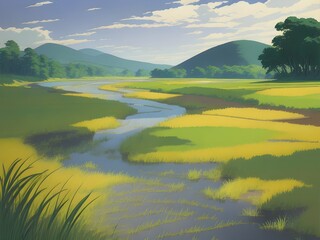 Serene paddy field and small river landscape. Stunning anime style asian rural village scenic view. can be used as illustration or wall art. Generative AI.