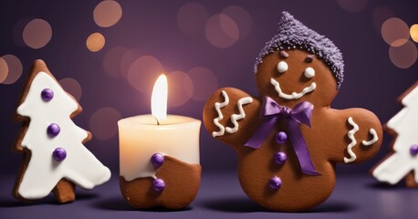 Dark lilac background with candles and gingerbread man, created with generative ai, ki