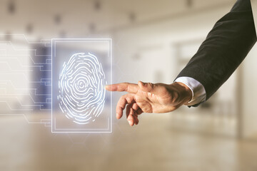 Man hand clicks on abstract virtual fingerprint illustration on blurred office background, personal biometric data concept. Multiexposure